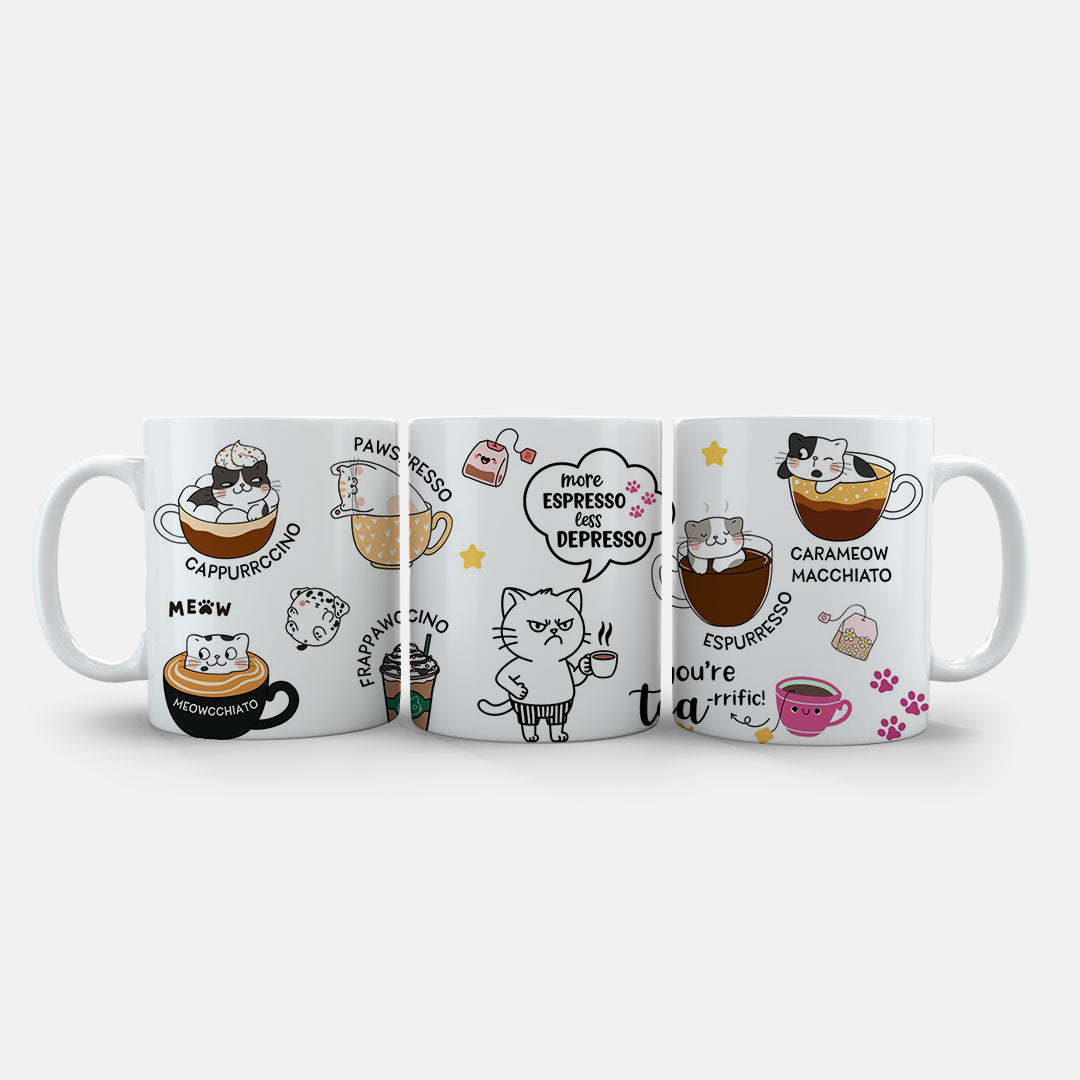 11oz Mug Colours - Playful cat lover design featuring multiple coffee-themed kitten illustrations