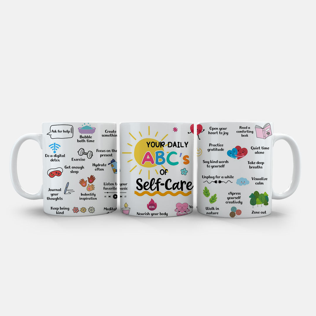 11oz Ceramic Mug Grey - Encouraging self-care alphabet design with colourful motivational text and doodles