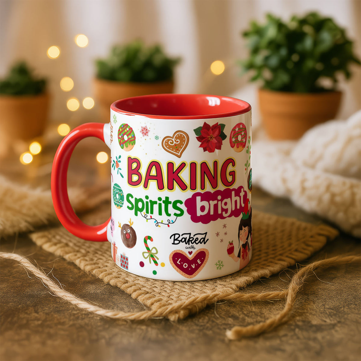 11oz Ceramic Mug White - Colourful Christmas baking artwork with gingerbread, cookies, and festive recipe text
