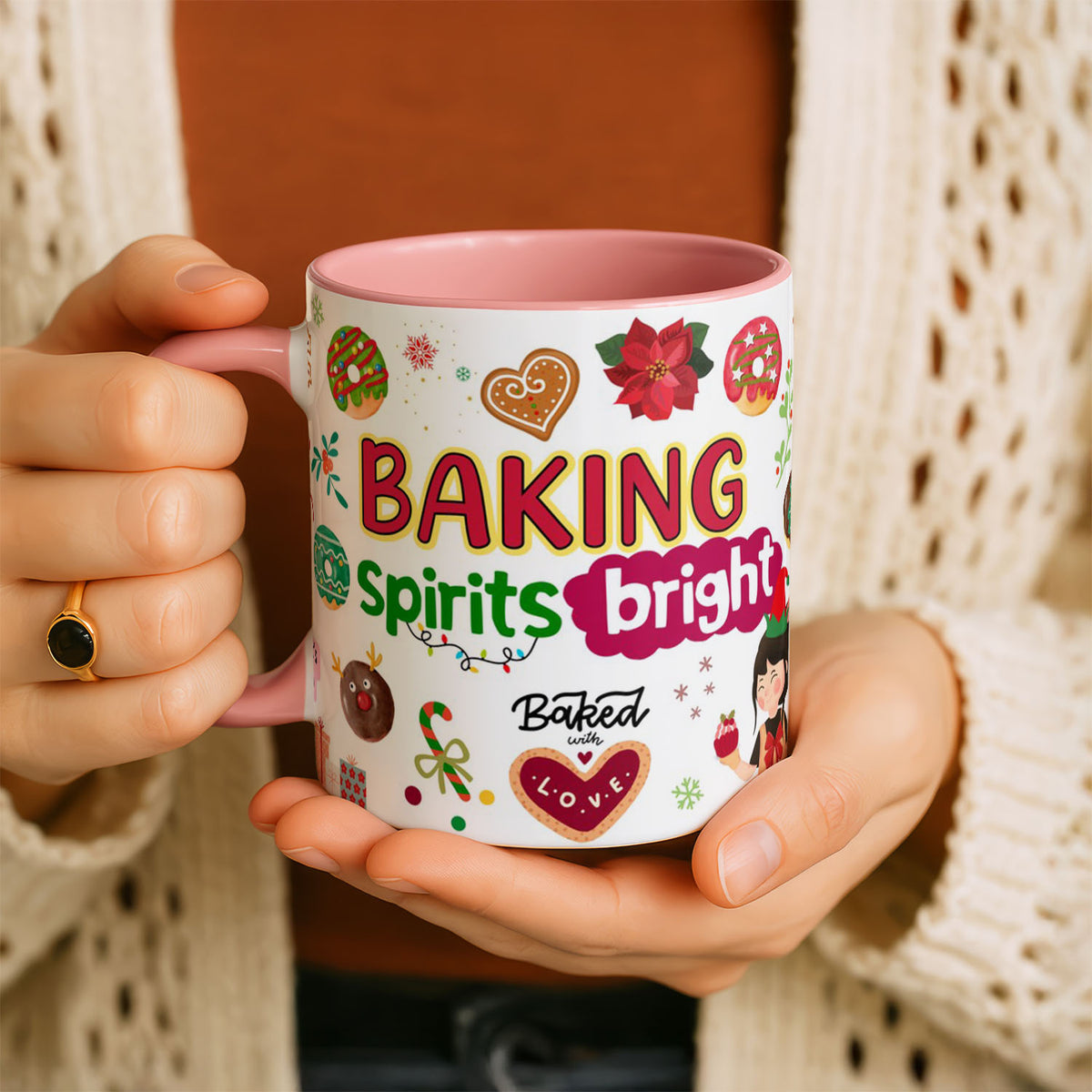11oz Ceramic Mug Black - Baking Spirits Bright design featuring Christmas treats and smiling baker character