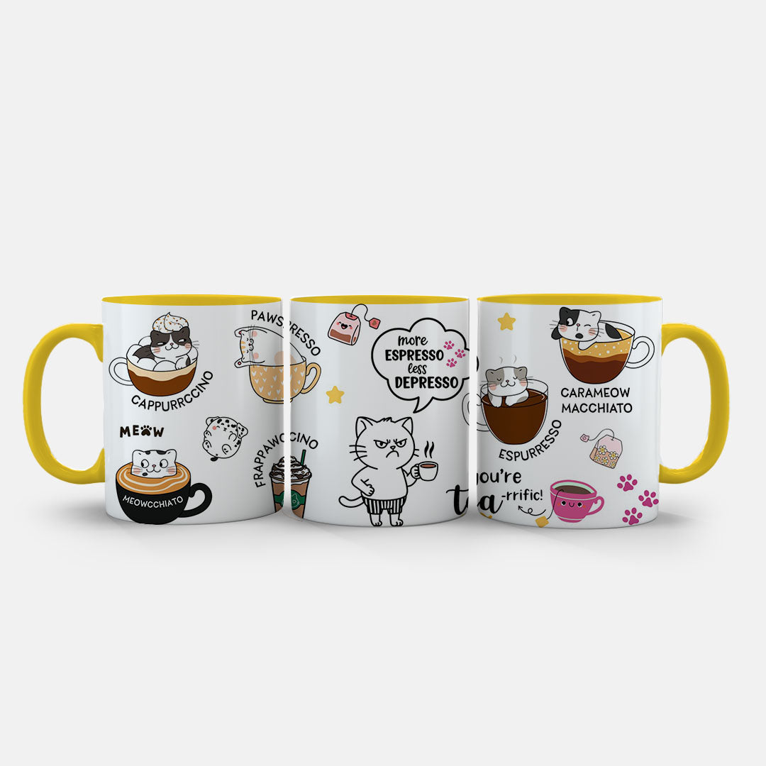 11oz Mug Colours - Hand-drawn cat and coffee mug design with playful wordplay throughout