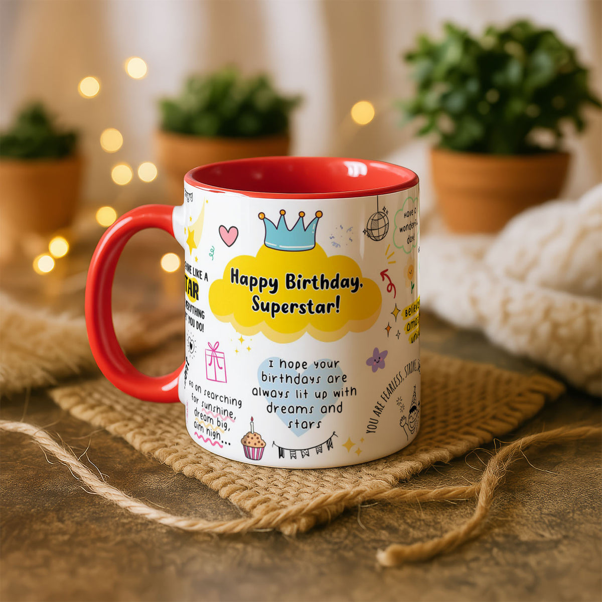 11oz Ceramic Mug White - Bright birthday artwork with motivational messages and playful illustrations on white