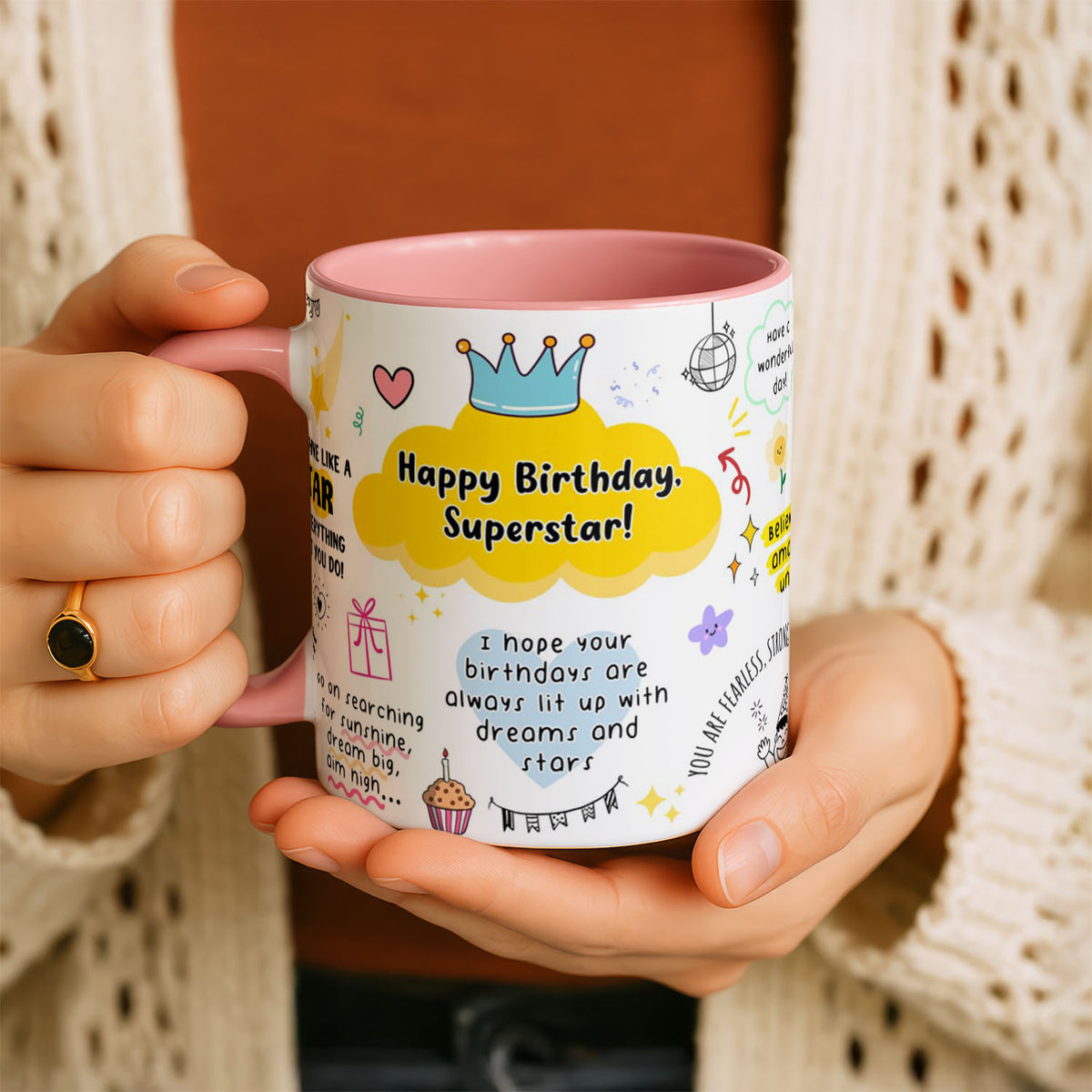 11oz Ceramic Mug Black - Colourful birthday artwork with stars, suns and encouraging text on black ceramic