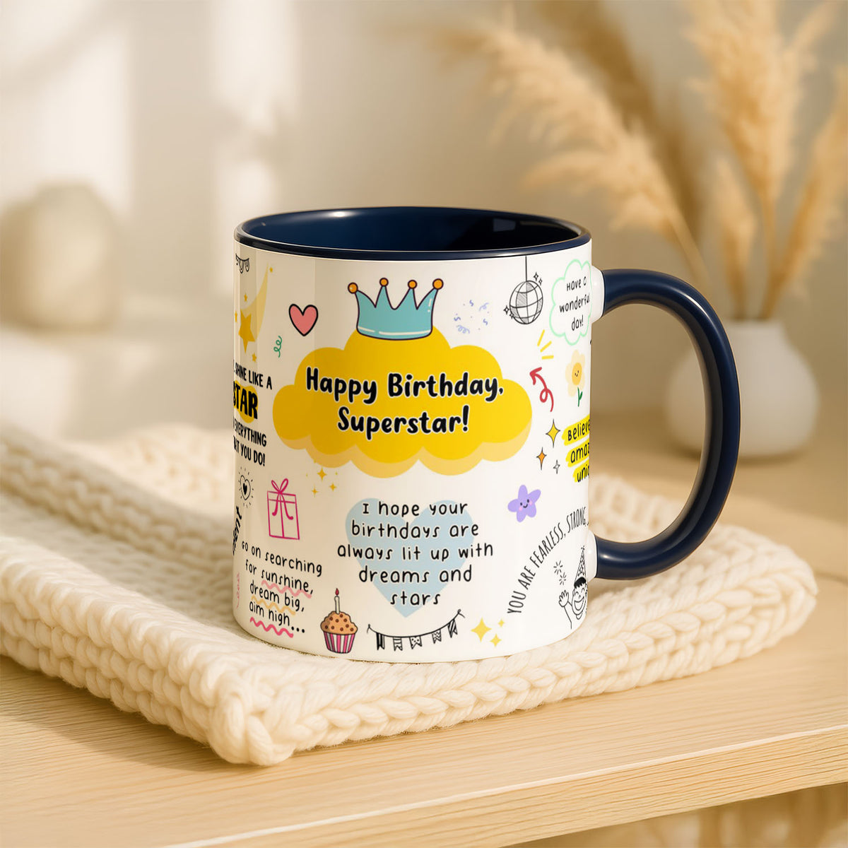 11oz Ceramic Mug Blue - Hand-drawn birthday design with yellow, pink and teal elements on blue mug
