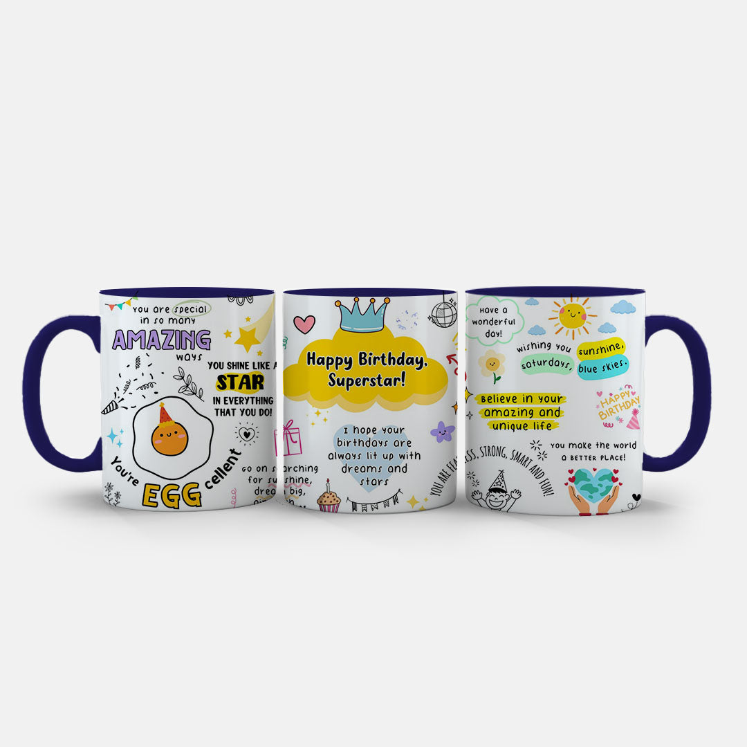 11oz Ceramic Mug Green - Cheerful superstar birthday art with smiley face and crown on green ceramic