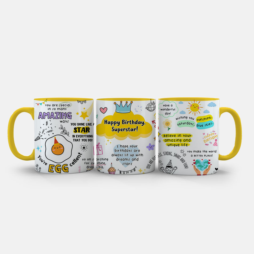 11oz Ceramic Mug Red - Birthday wishes and motivational quotes in colourful text and doodles on red mug