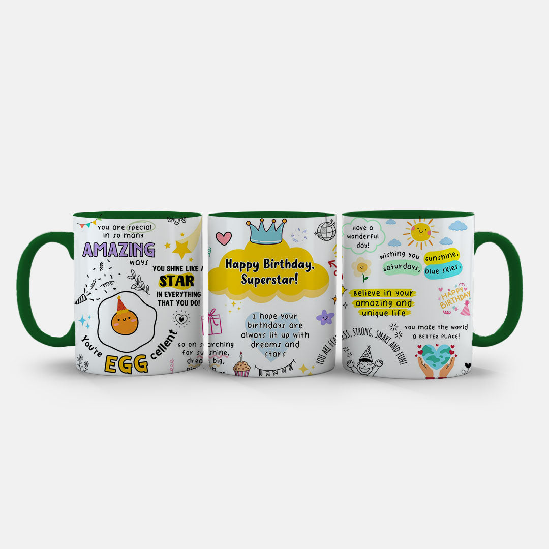 11oz Ceramic Mug Yellow - Uplifting birthday design with cloud shapes and sun illustration on yellow