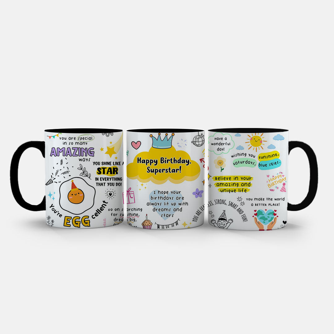 11oz Ceramic Mug Pink - Bright birthday artwork with heart, crown and encouraging messages on pink