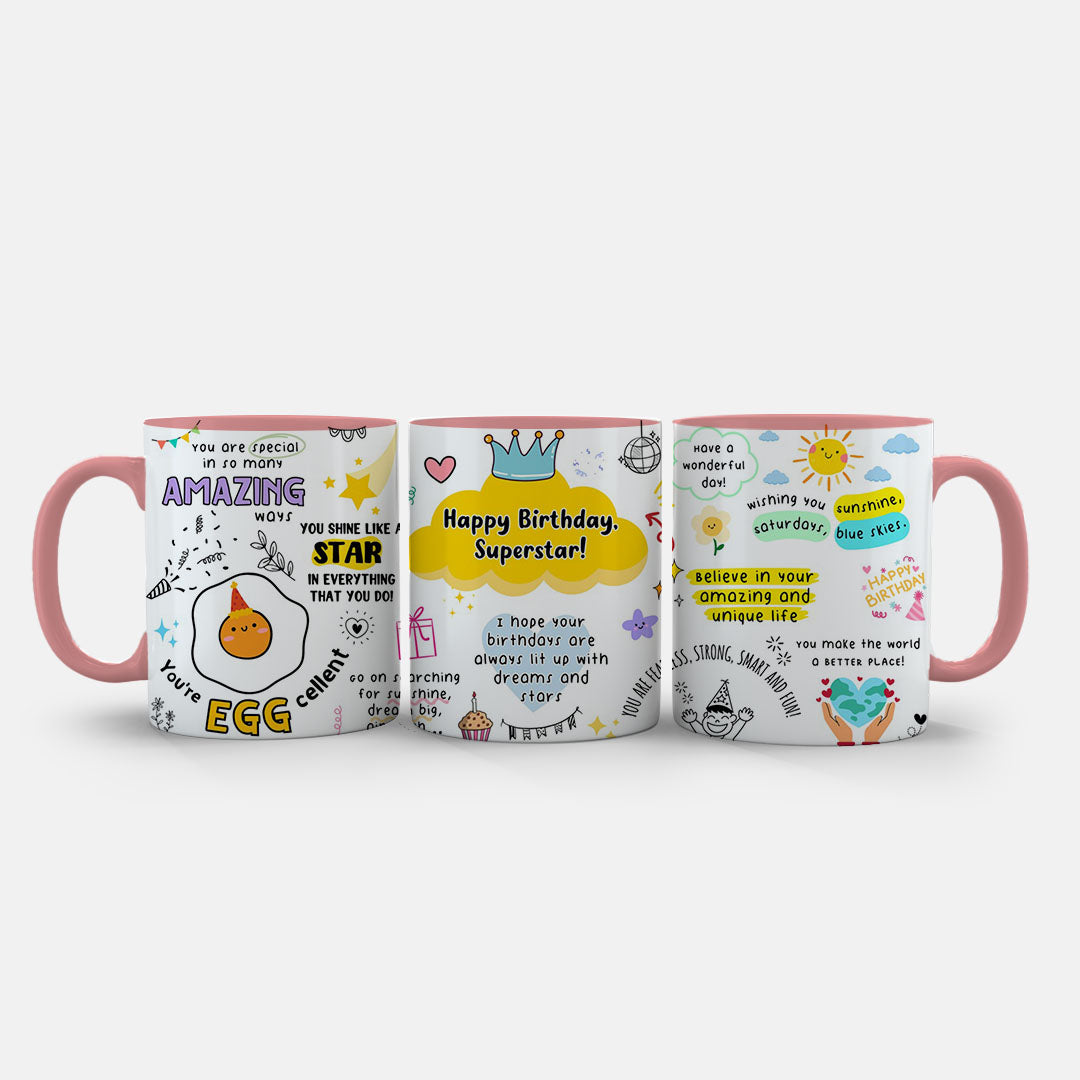 11oz Ceramic Mug Grey - Colourful motivational birthday art with playful doodles on grey ceramic