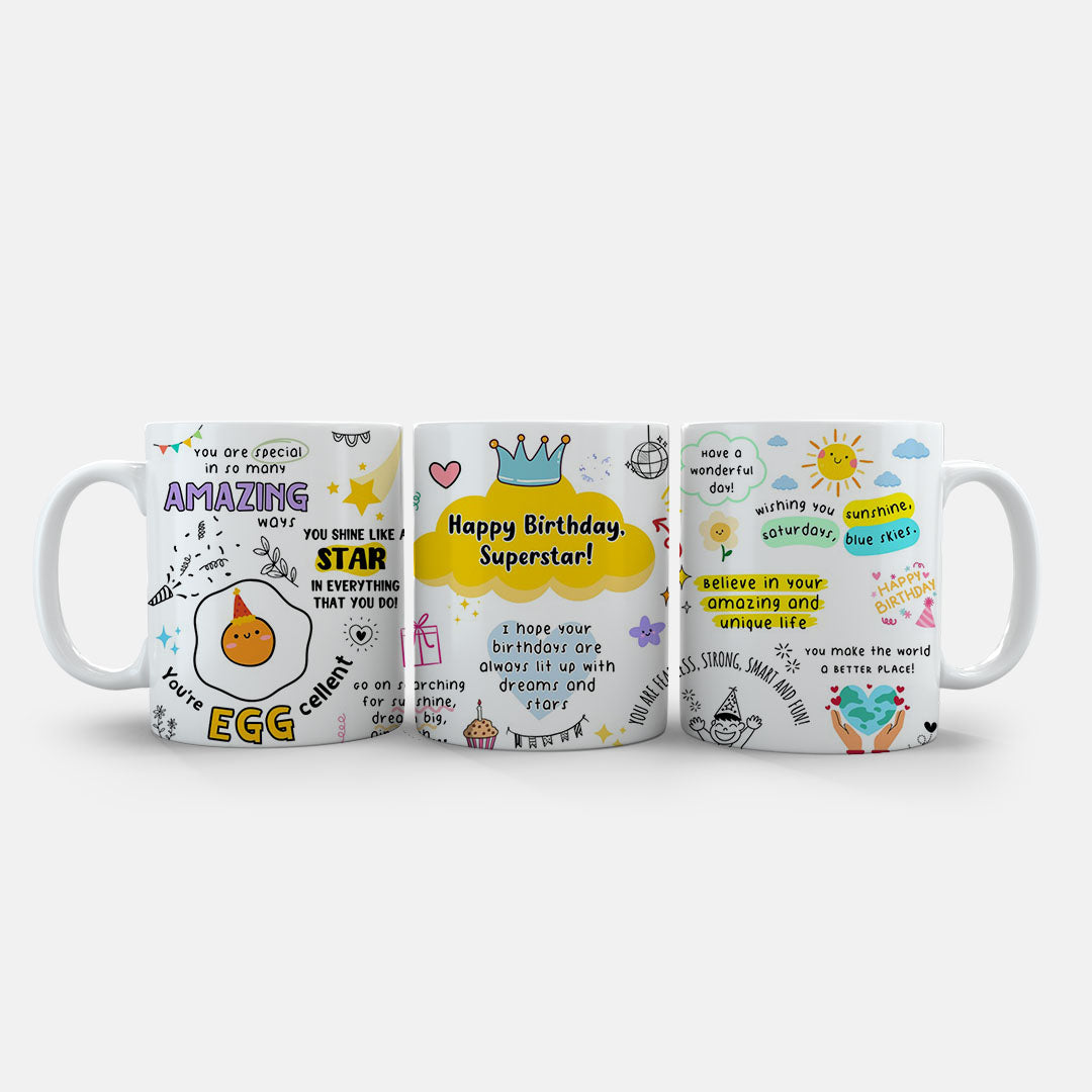 11oz Ceramic Mug Purple - Cheerful hand-drawn birthday design with stars and supportive quotes on purple