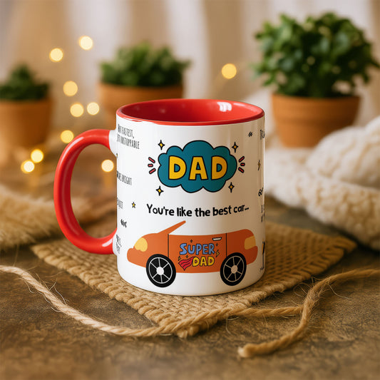 11oz Ceramic Mug White - Super Dad orange car with humorous dad quotes