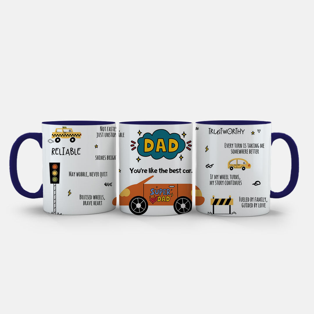 11oz Ceramic Mug Red - Super Dad car artwork with road and building