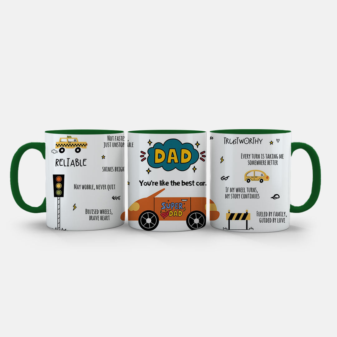 11oz Ceramic Mug Yellow - Dad car mug with 'reliable' and 'trustworthy' text