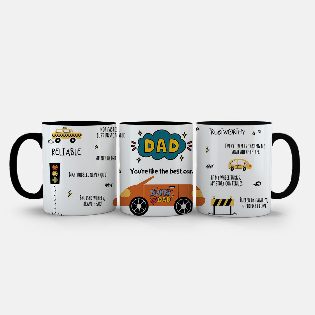 11oz Ceramic Mug Pink - Super Dad racing car with sparkles and stars