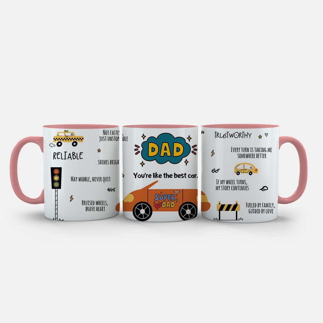 11oz Ceramic Mug Purple - Dad car illustration with humorous messages