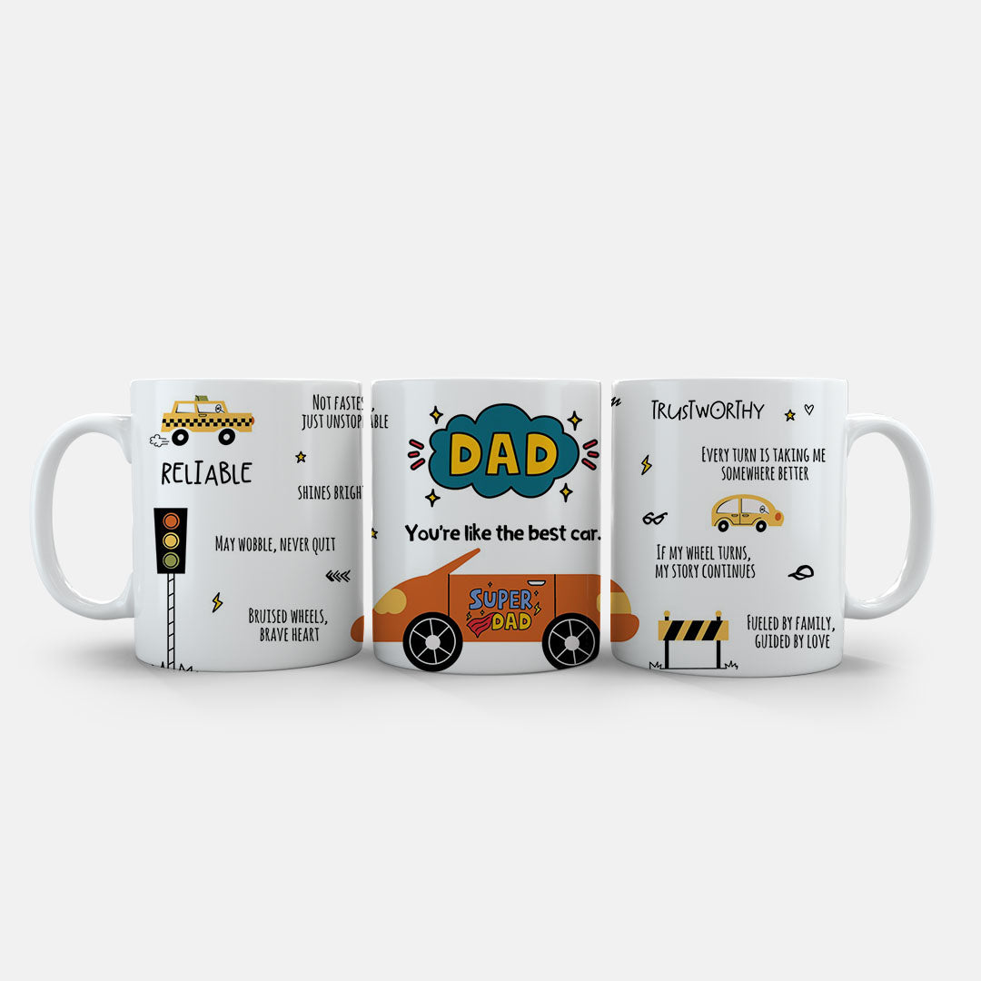11oz Ceramic Mug Grey - Complete Super Dad car design with all quotes