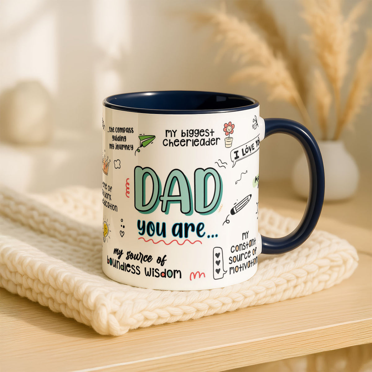 11oz Ceramic Mug Blue - Heartwarming dad affirmations with compass, crown and lightning bolt