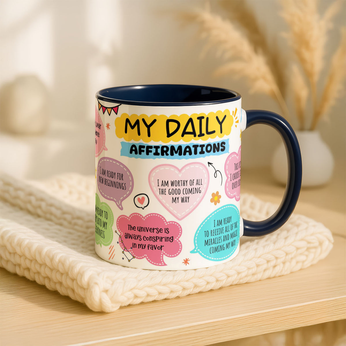 11oz Ceramic Mug White - Positive affirmation quotes in pink, green and blue bubbles with decorative elements