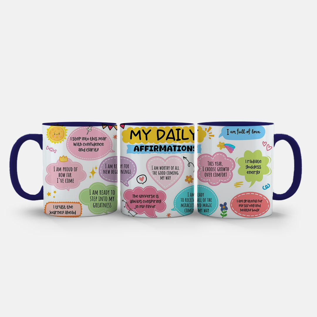 11oz Ceramic Mug White - Self-care affirmations mug with sun, stars and flowers in bright colours