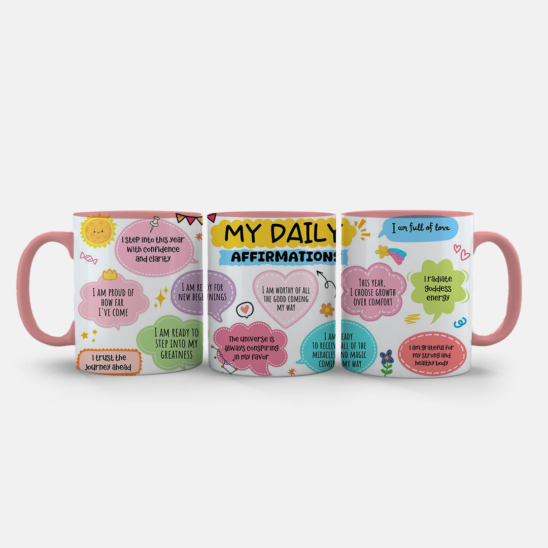 11oz Ceramic Mug White - Daily motivation mug featuring affirmation quotes in cheerful pastel tones