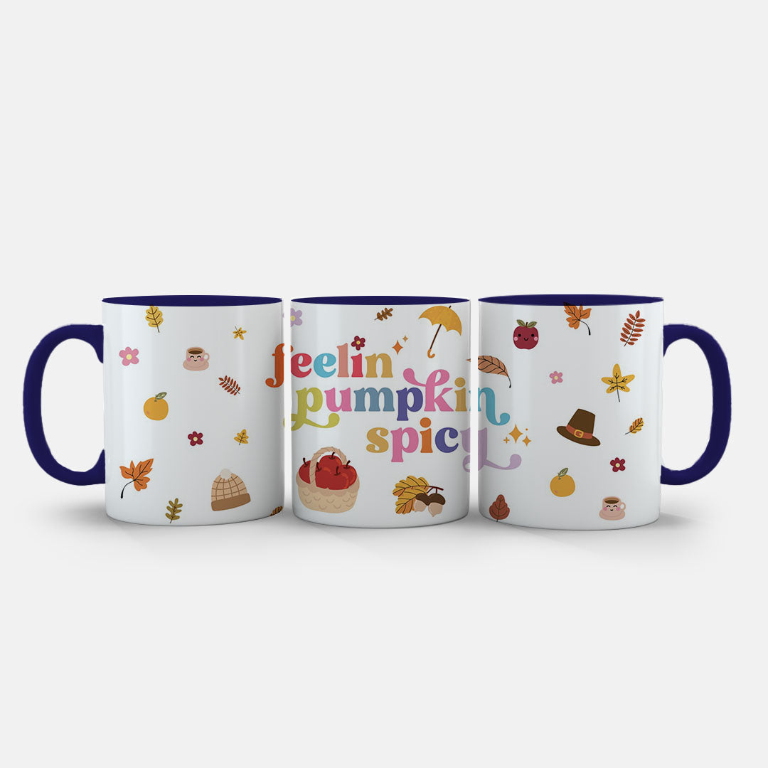 11oz Ceramic Mug White - Full design view with pumpkins, hats and golden leaves on cream