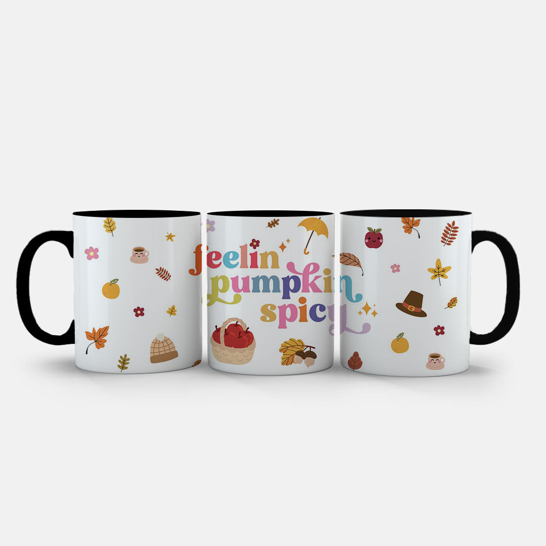 11oz Ceramic Mug White - Playful fall design with rainbows and harvest season imagery