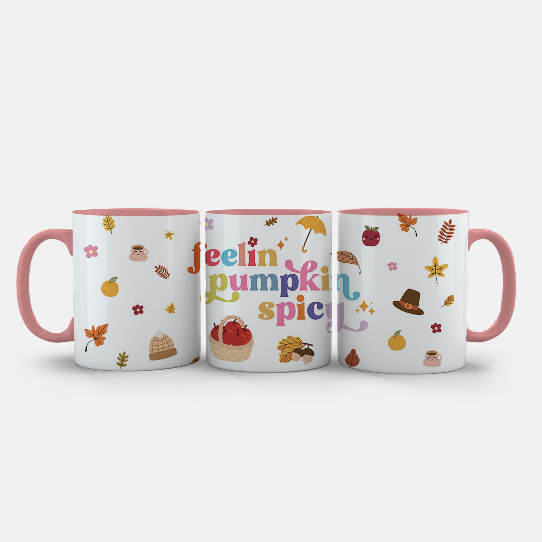 11oz Ceramic Mug Black - Vibrant pumpkin spice design with small seasonal decorations