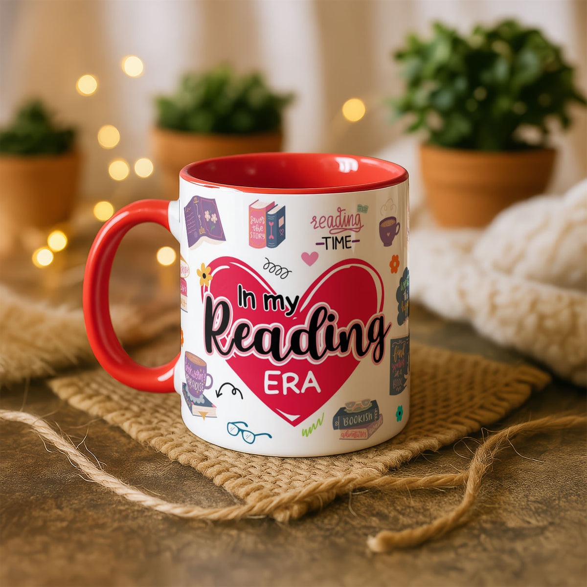 11oz Mug Colours - In My Reading Era design with red heart and bookish illustrations