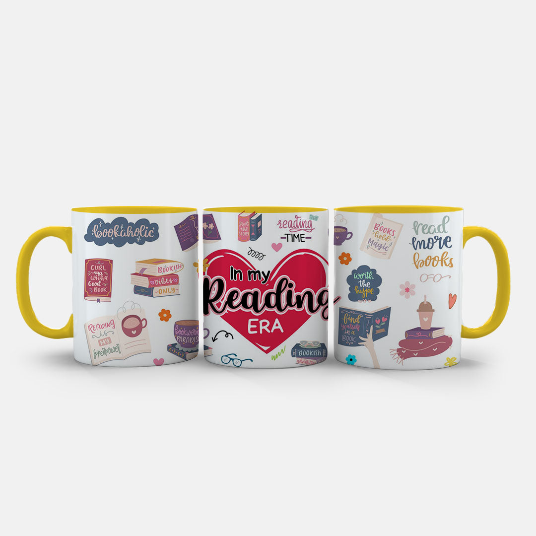 11oz Mug Colours - Bookish mug design showing stacked novels and reading glasses
