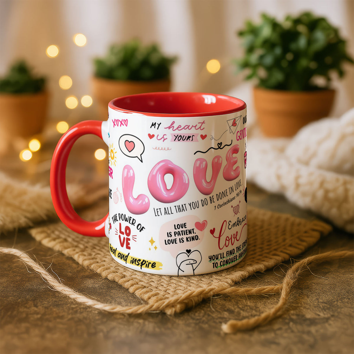 11oz Ceramic Mug White - Love quotes and colourful hearts covering the surface