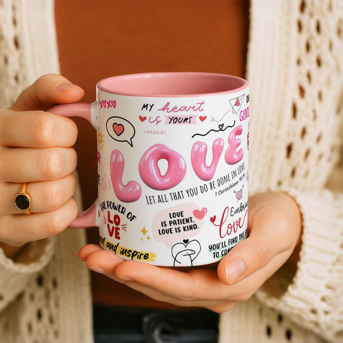 11oz Ceramic Mug Black - Romantic text and hand-drawn hearts on black ceramic