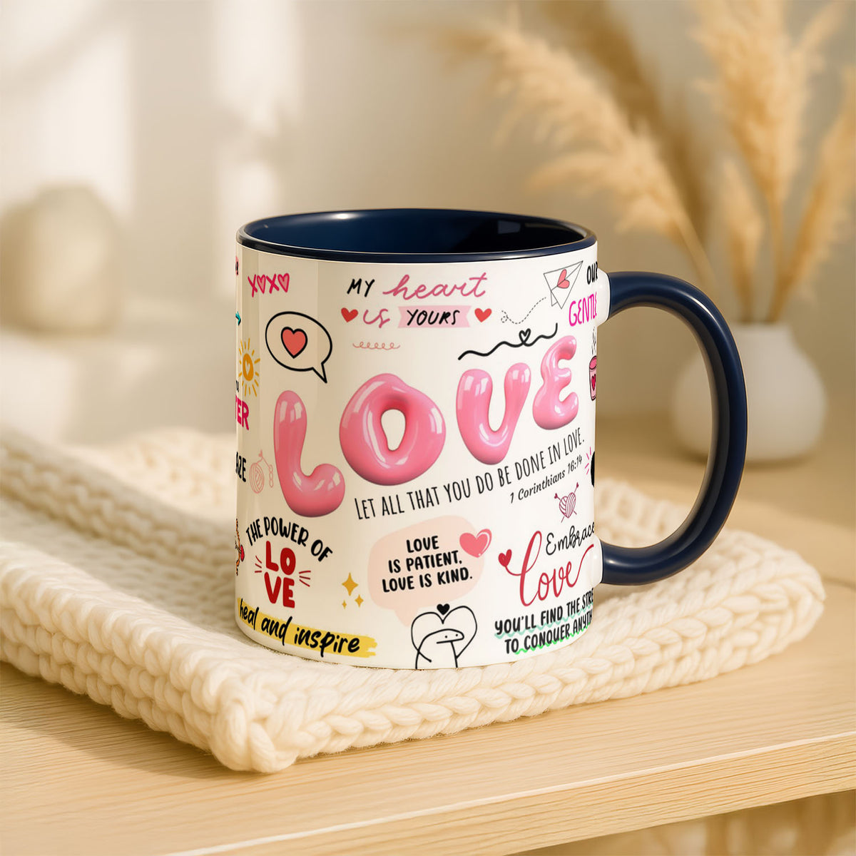 11oz Ceramic Mug Blue - Love-themed artwork with pink and red accents on blue
