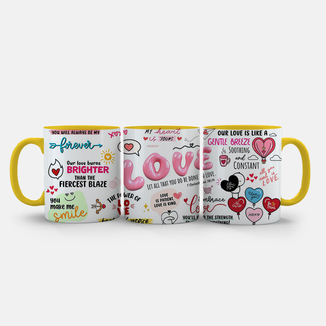 11oz Ceramic Mug White - Pink balloon hearts and inspirational love quotes