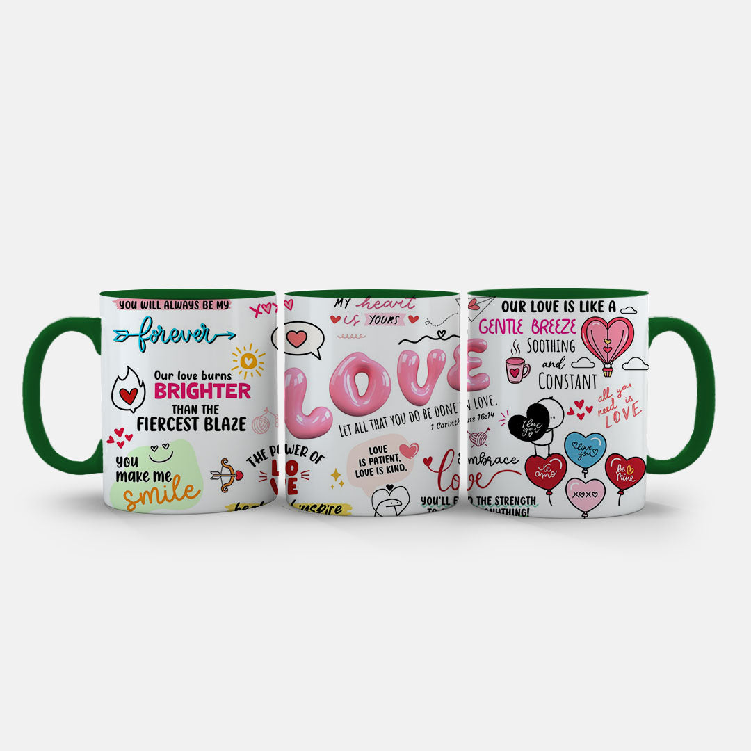 11oz Ceramic Mug White - Hand-drawn hearts, 'Embrace Love' text, and cheerful doodles