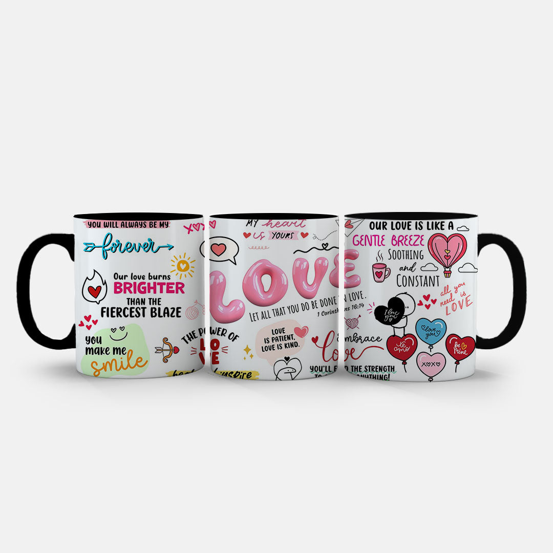 11oz Ceramic Mug Black - Love affirmations and colourful heart illustrations
