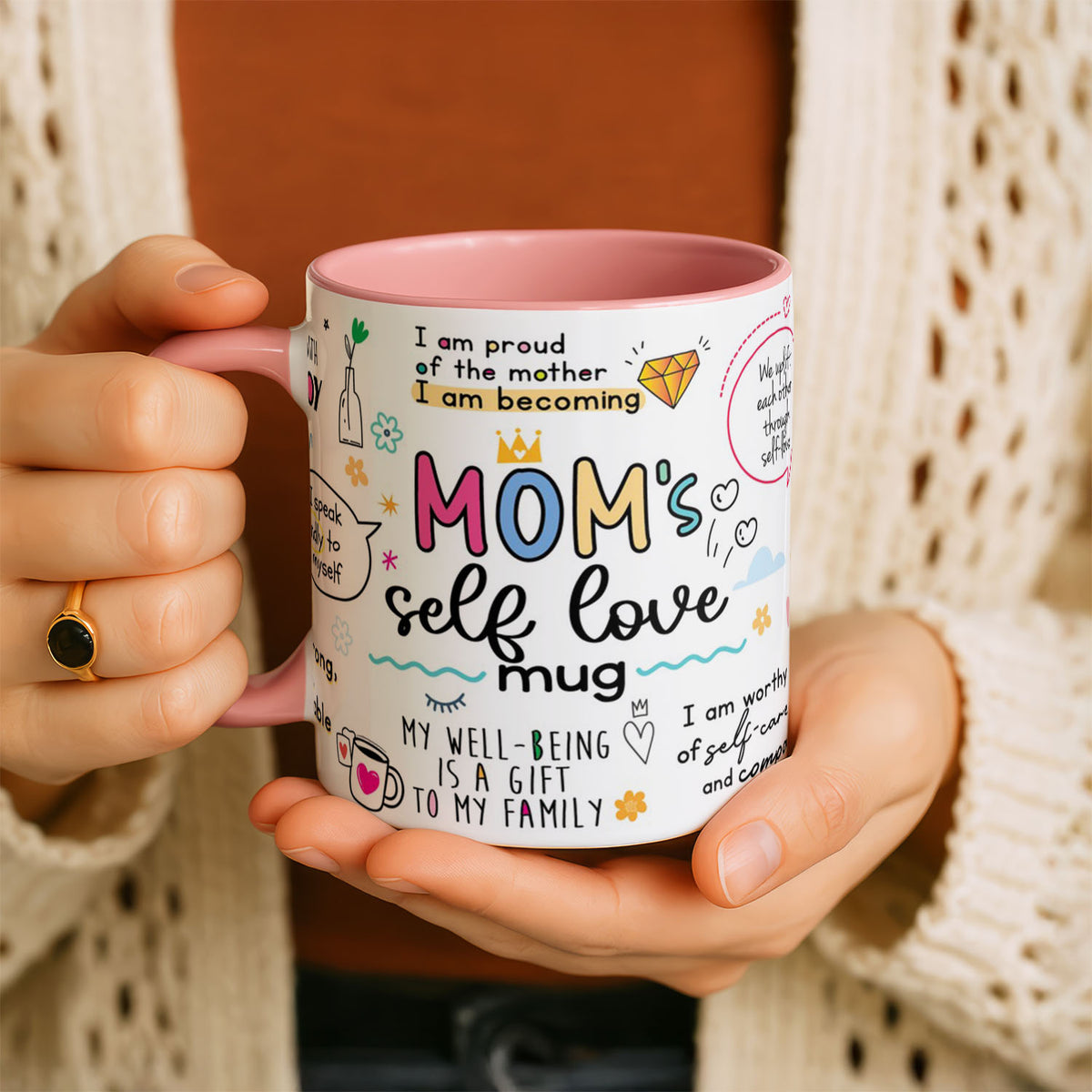11oz Ceramic Mug Black - Cheerful lettering celebrating motherhood and kindness with decorative elements