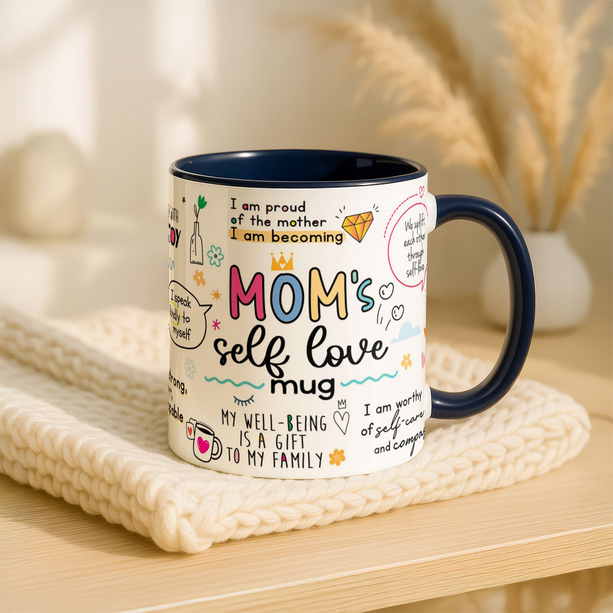 11oz Ceramic Mug Blue - Uplifting quotes about self-care and resilience with floral and heart designs