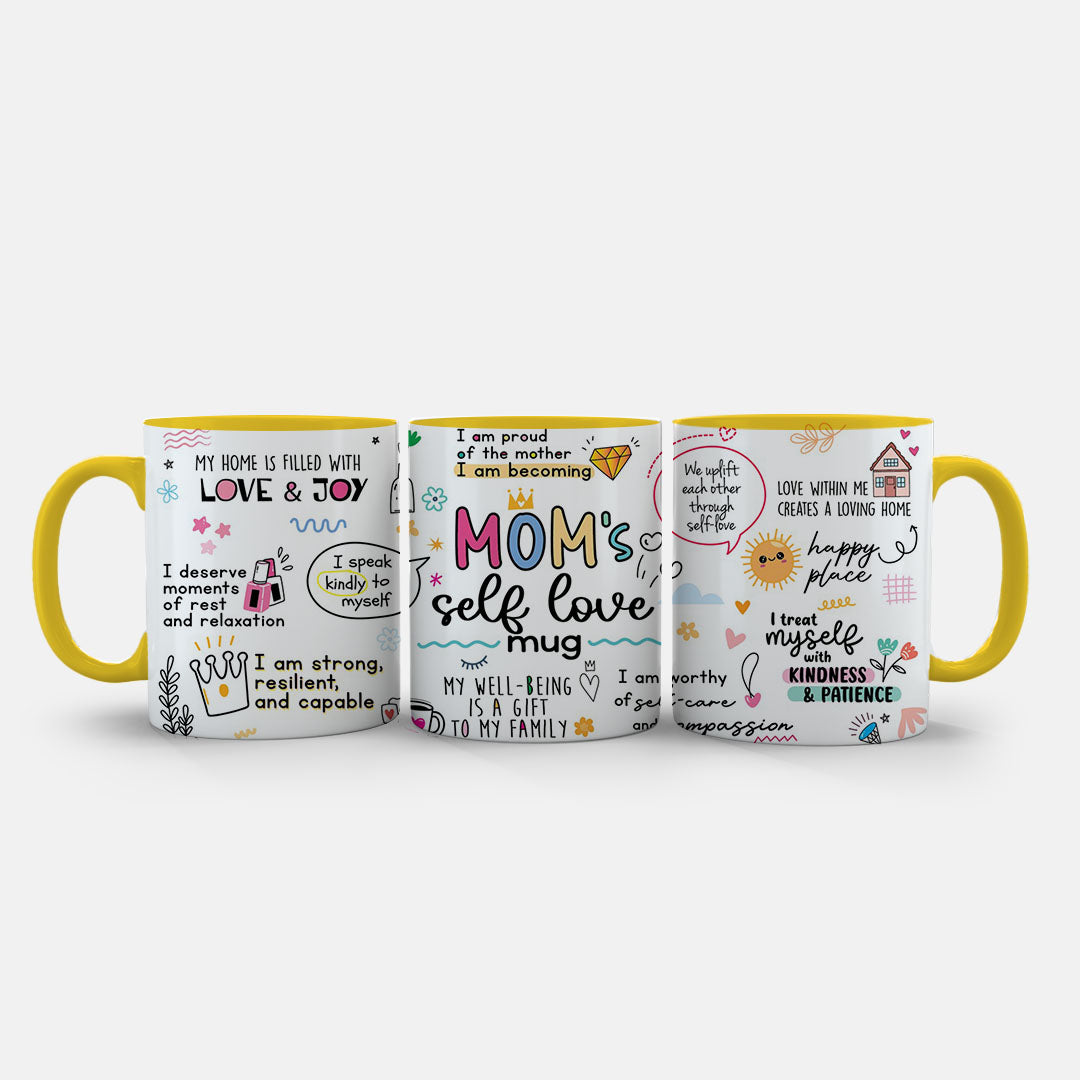 11oz Ceramic Mug Black - Bold pink, blue and yellow text celebrating joy, love and mindful living