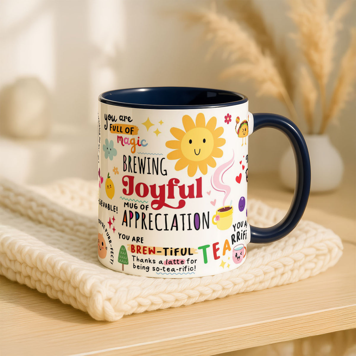 11oz Ceramic Mug Blue - Cheerful appreciation messages with smiling food characters and hearts