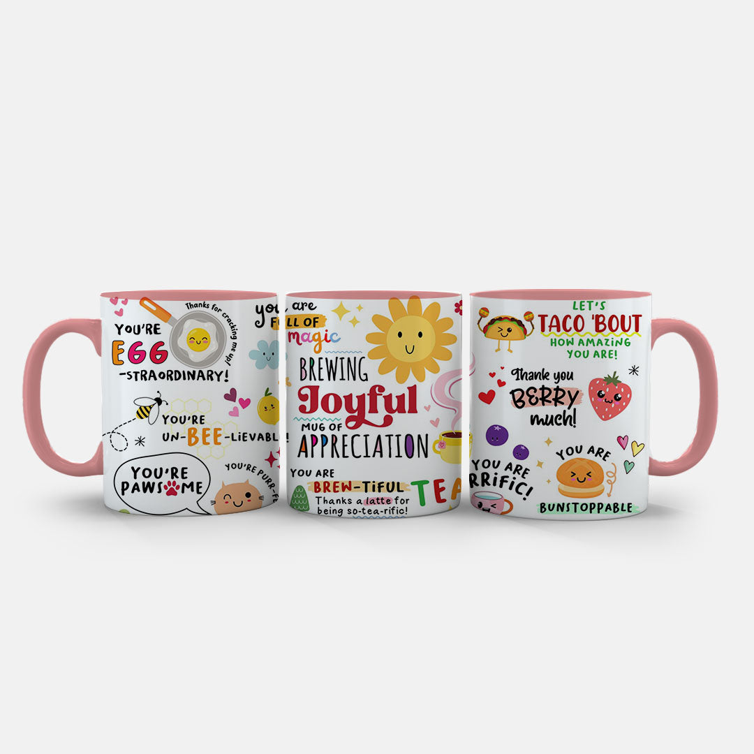 11oz Ceramic Mug Black - Cheerful thank you mug with cute doodles and uplifting messages