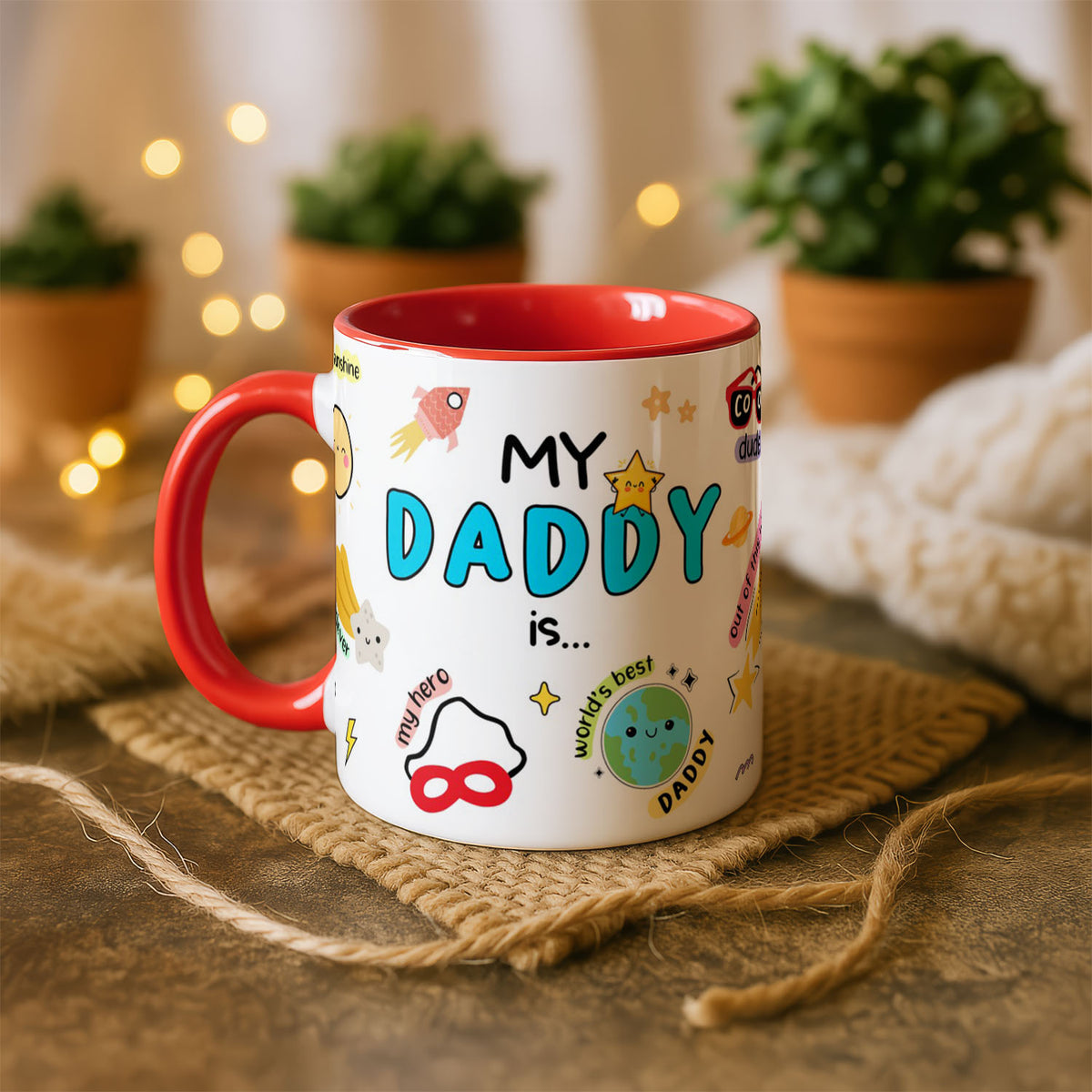 11oz Ceramic Mug White - My Daddy Is design with colourful funny labels and playful icons