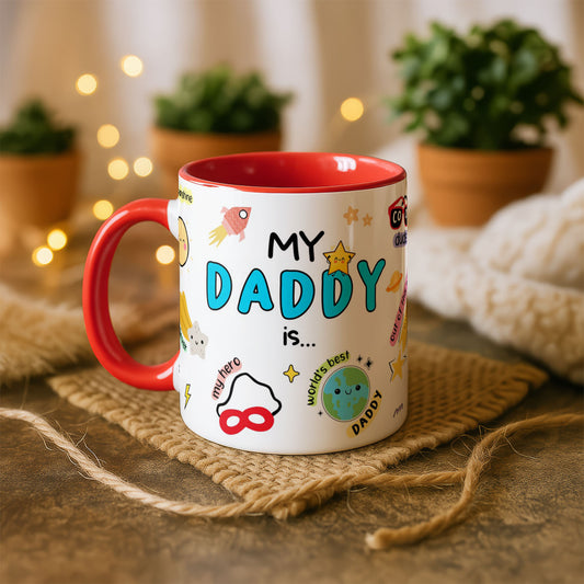11oz Ceramic Mug White - My Daddy Is design with colourful funny labels and playful icons