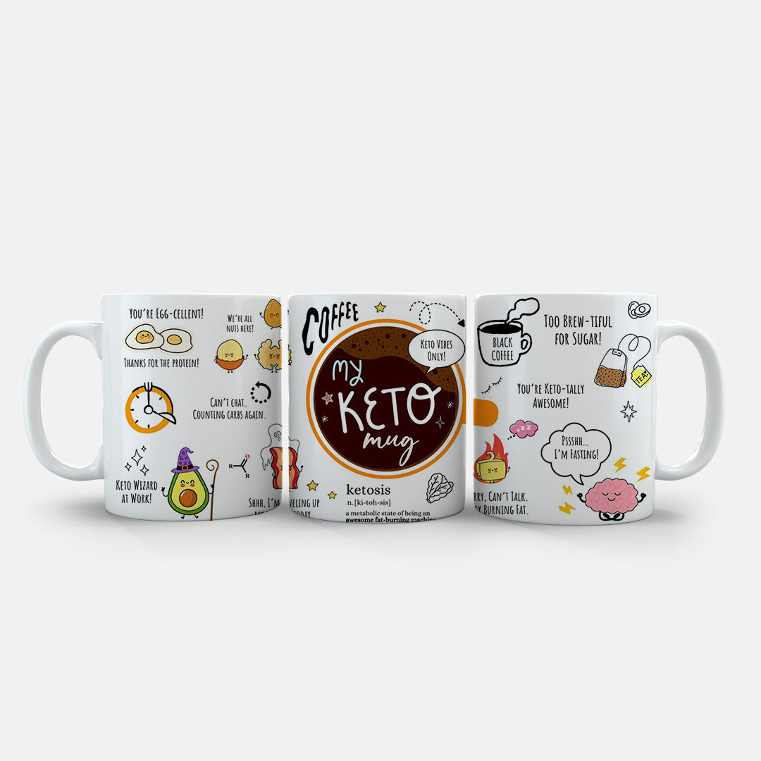 11oz Ceramic Mug Grey - My Keto Mug design with playful keto characters and humorous messages