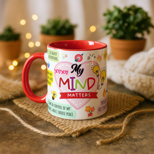 11oz Mug Colours - Motivational artwork with 'My Mind Matters' heart surrounded by affirmations