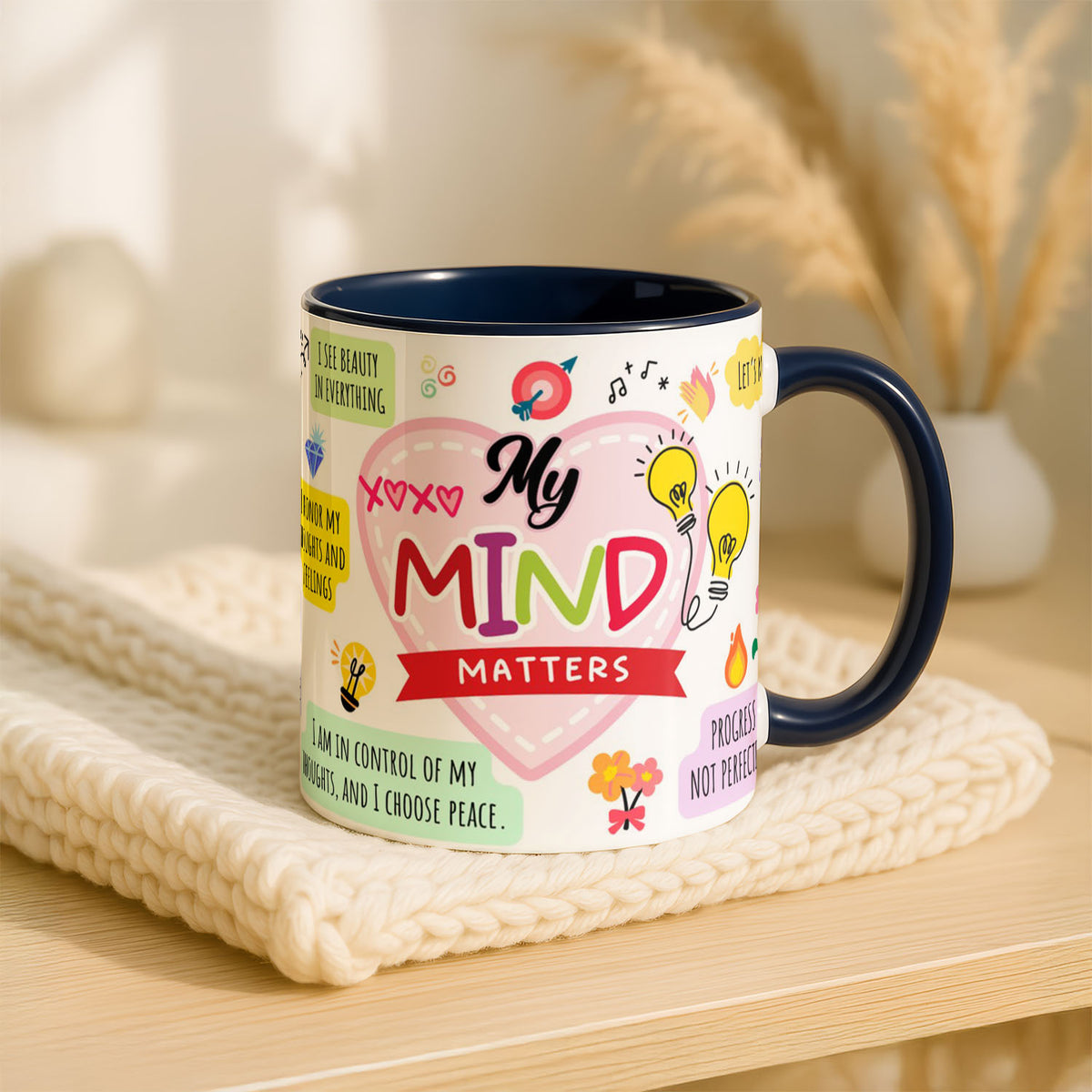 11oz Mug Colours - Lightbulb and star doodles illustrating positive affirmations design