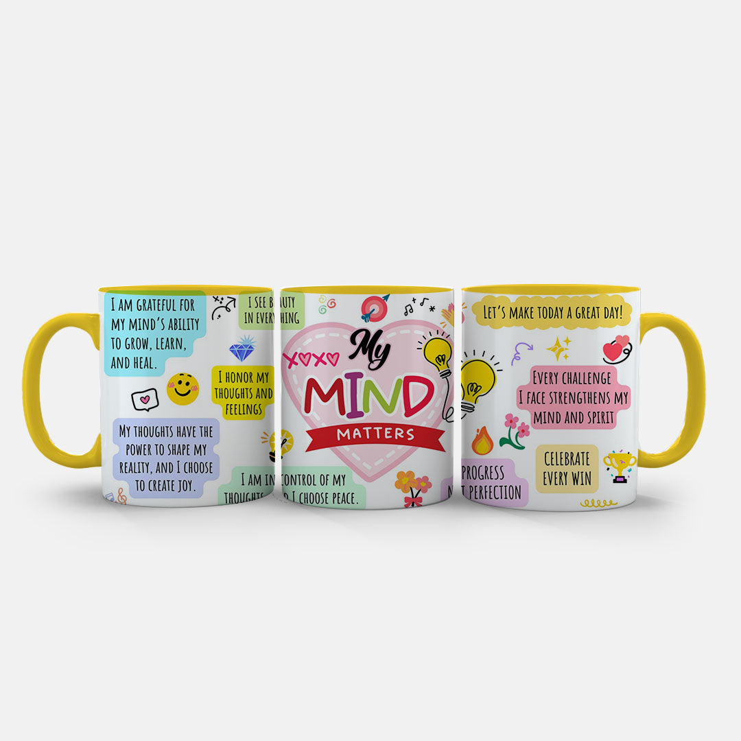 11oz Mug Colours - Yellow and blue speech bubbles featuring mindfulness and peace affirmations