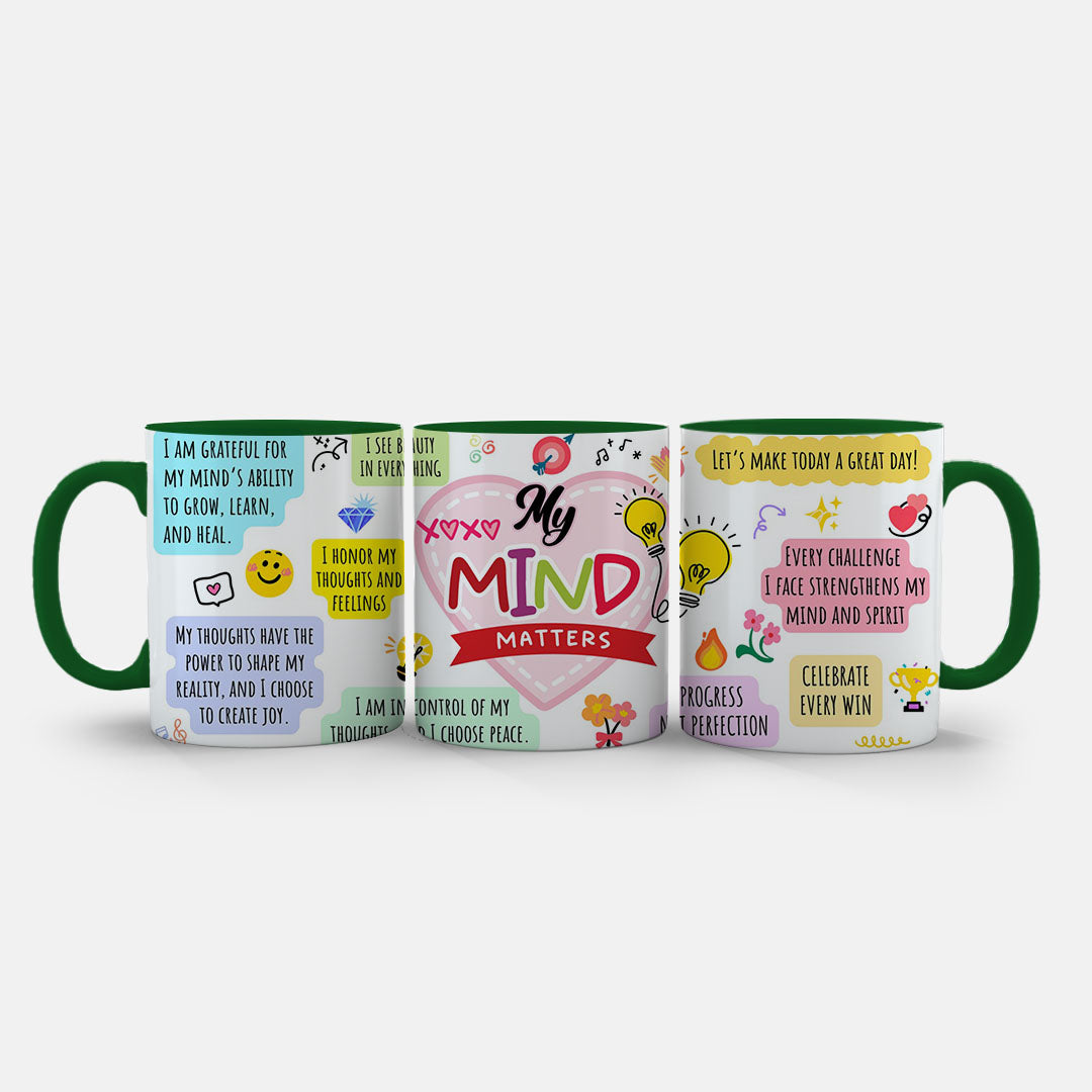 11oz Mug Colours - Cheerful smiley face and flower icons on motivational ceramic mug