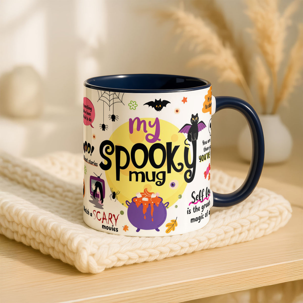11oz Mug Colours - Black cat illustration with purple bat wings on festive mug design