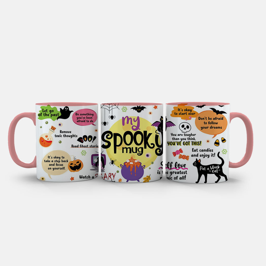 11oz Mug Colours - Bright multi-coloured Halloween design featuring positive life advice and icons