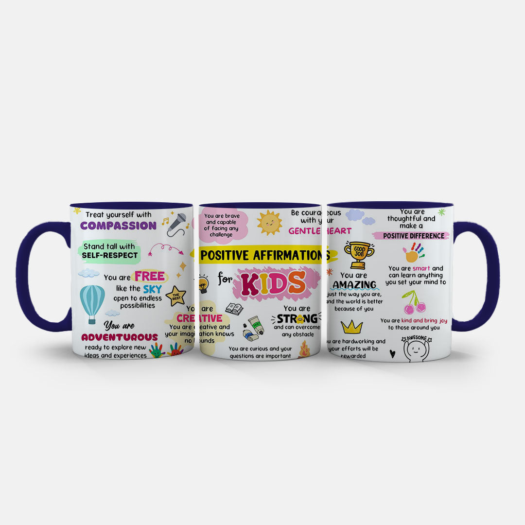 11oz Mug Colours - Self-esteem mug for children with encouraging messages in pink, yellow and blue